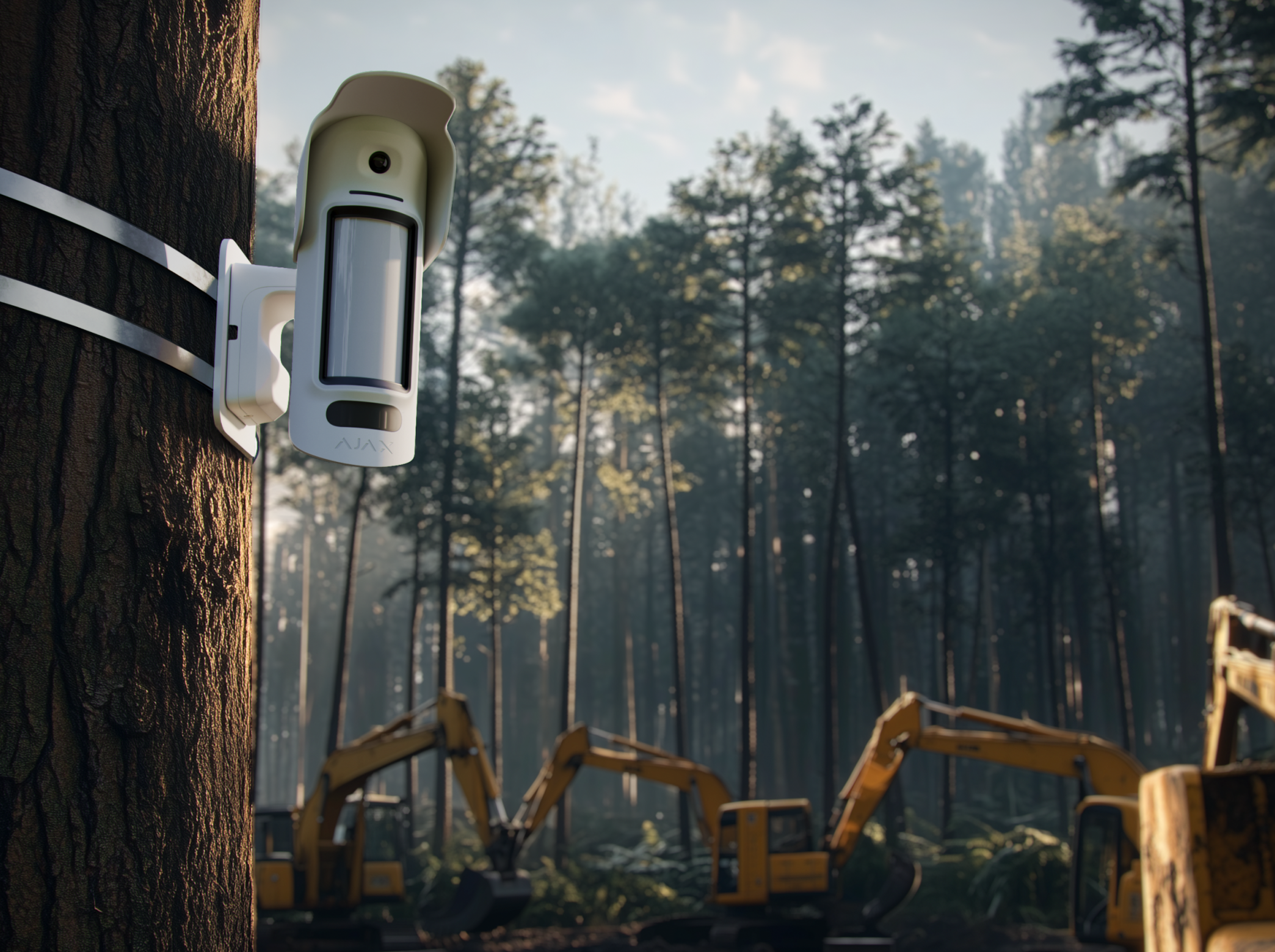Detektor Ajax MotionCam Outdoor HighMount, nameščen na drevesu, varuje gradbišče z bagri
